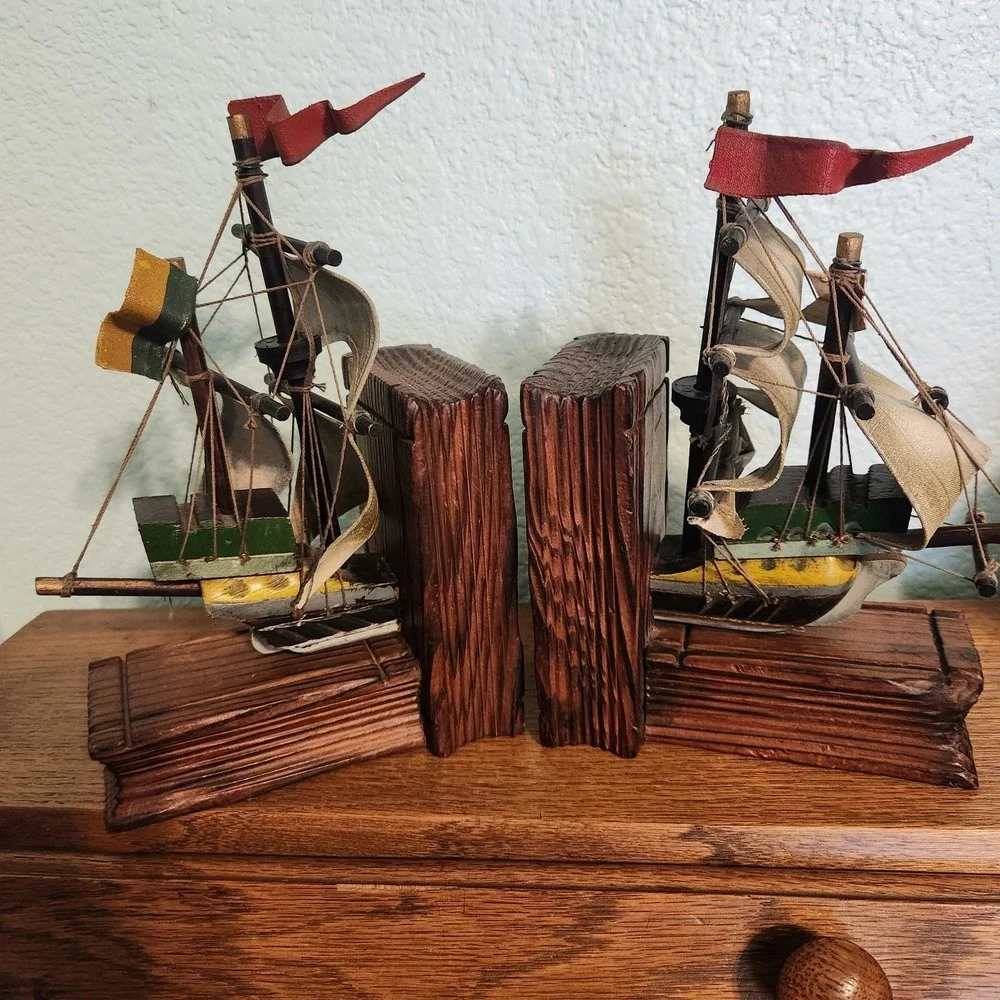 Vtg Ship Nautical Wood‎ and Paper Mache Cloth Bookends Set Pirate Spanish MCM